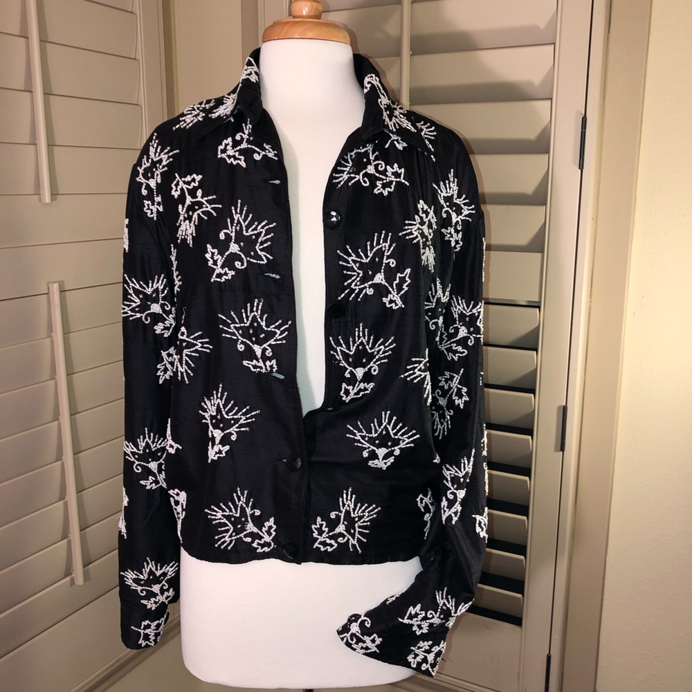 Extremely fun Black Silk w/beaded Appliqué Jacket